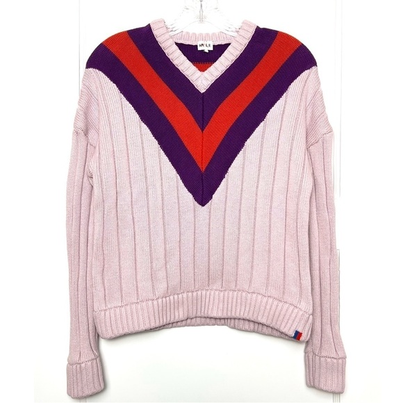 KULE Cotton Cashmere Rib Knit Striped V-Neck Pullover Varsity Tennis Sweater XS - Picture 7 of 12
